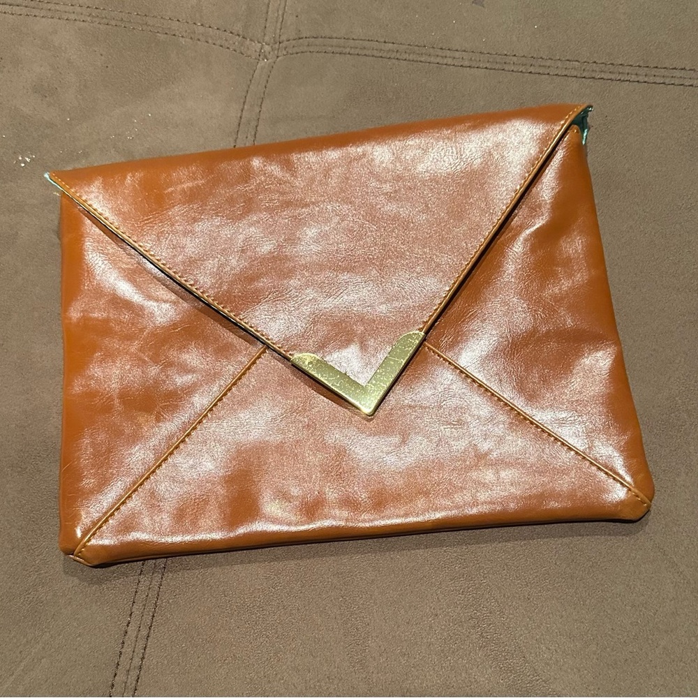 Nordstrom Tan Clutch with Aqua Lining